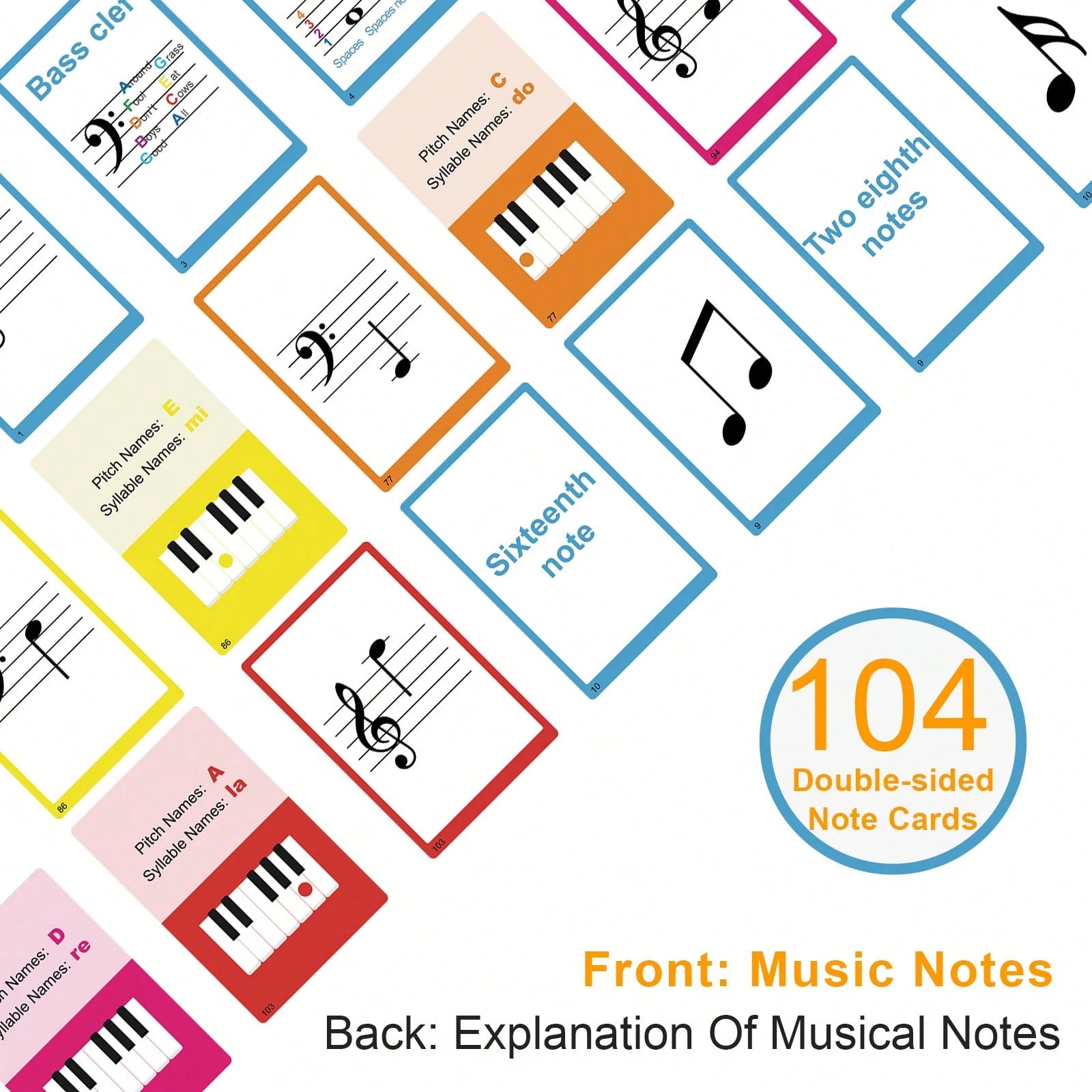 104pcs Piano Music Theory Flashcards Set, Piano Note Memory Cards, Piano & Keyboard Music Theory Learning Cards, Music Theory Study Cards, Including 76pcs Music Theory Cards And 28pcs Note Cards, Suit