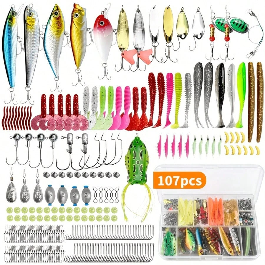 107-Piece Fishing Tackle Set, Including A Tackle Box, Featuring Hooks, Treble Hooks, Spinnerbaits, Lures, Spoons, Soft Baits, Sinkers, And Surface Lures; Suitable For Both Freshwater And Saltwater Fis