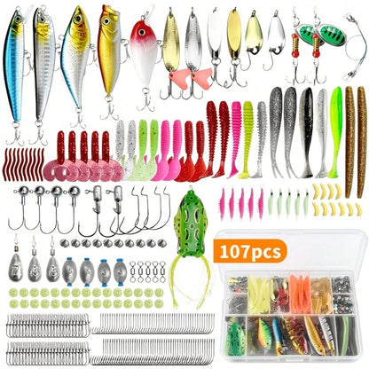107-Piece Fishing Tackle Set, Including A Tackle Box, Featuring Hooks, Treble Hooks, Spinnerbaits, Lures, Spoons, Soft Baits, Sinkers, And Surface Lures; Suitable For Both Freshwater And Saltwater Fis
