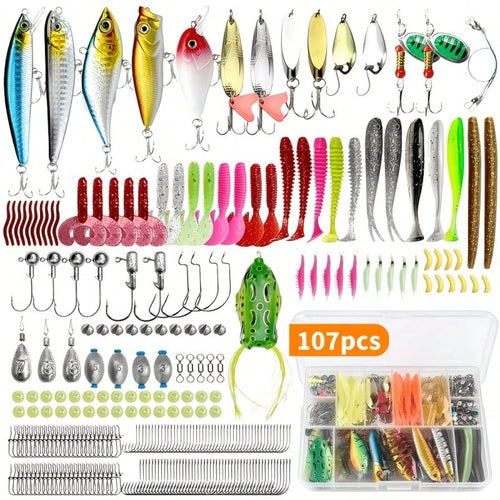 107-Piece Fishing Tackle Set, Including A Tackle Box, Featuring Hooks, Treble Hooks, Spinnerbaits, Lures, Spoons, Soft Baits, Sinkers, And Surface Lures; Suitable For Both Freshwater And Saltwater Fis