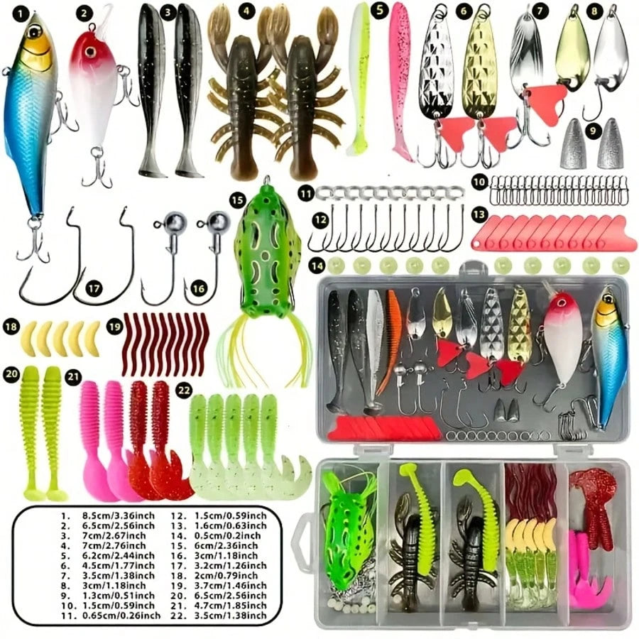 107-Piece Fishing Tackle Set, Including A Tackle Box, Featuring Hooks, Treble Hooks, Spinnerbaits, Lures, Spoons, Soft Baits, Sinkers, And Surface Lures; Suitable For Both Freshwater And Saltwater Fis
