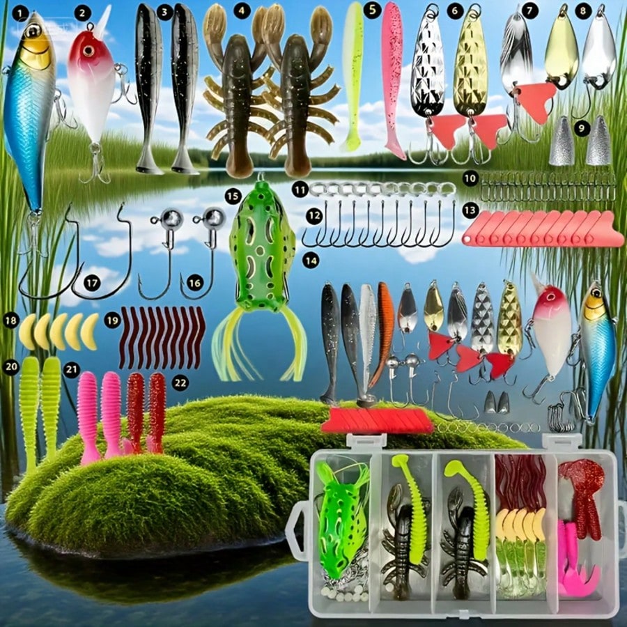 107-Piece Fishing Tackle Set, Including A Tackle Box, Featuring Hooks, Treble Hooks, Spinnerbaits, Lures, Spoons, Soft Baits, Sinkers, And Surface Lures; Suitable For Both Freshwater And Saltwater Fis