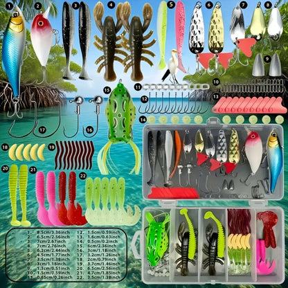 107-Piece Fishing Tackle Set, Including A Tackle Box, Featuring Hooks, Treble Hooks, Spinnerbaits, Lures, Spoons, Soft Baits, Sinkers, And Surface Lures; Suitable For Both Freshwater And Saltwater Fis