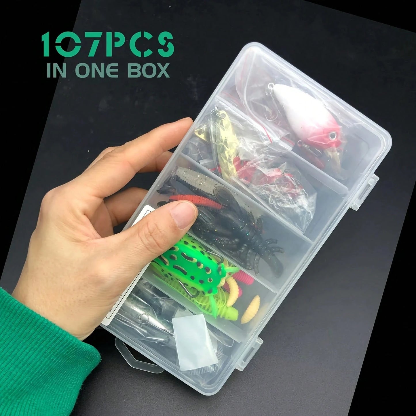 107-Piece Fishing Tackle Set, Including A Tackle Box, Featuring Hooks, Treble Hooks, Spinnerbaits, Lures, Spoons, Soft Baits, Sinkers, And Surface Lures; Suitable For Both Freshwater And Saltwater Fis