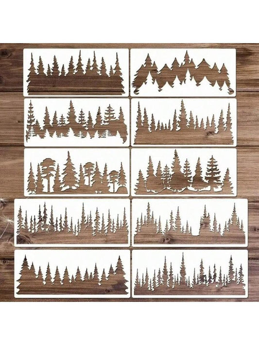 10pcs/6pcs Reusable Wooden Painting Stencils, Large Christmas Tree Pattern, Suitable For Wooden Signs, Home Crafts, Window Glass, Canvas, Back To School, School Supplies