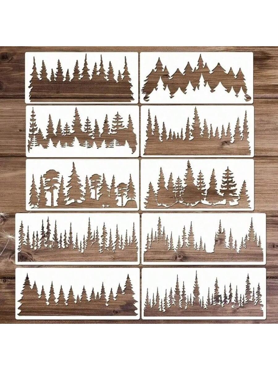 10pcs/6pcs Reusable Wooden Painting Stencils, Large Christmas Tree Pattern, Suitable For Wooden Signs, Home Crafts, Window Glass, Canvas, Back To School, School Supplies
