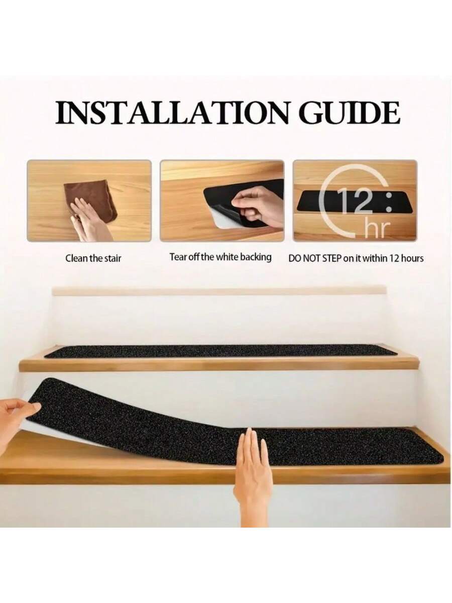 "10pcs Non Slip Outdoor Stair Treads- 4""X24"" Black Pre-Cut 80 Grit Grip Tape- Heavy Duty Traction Adhesive Strips For Staircase, Skateboard, And Deck- Anti Slip And Non Skid"