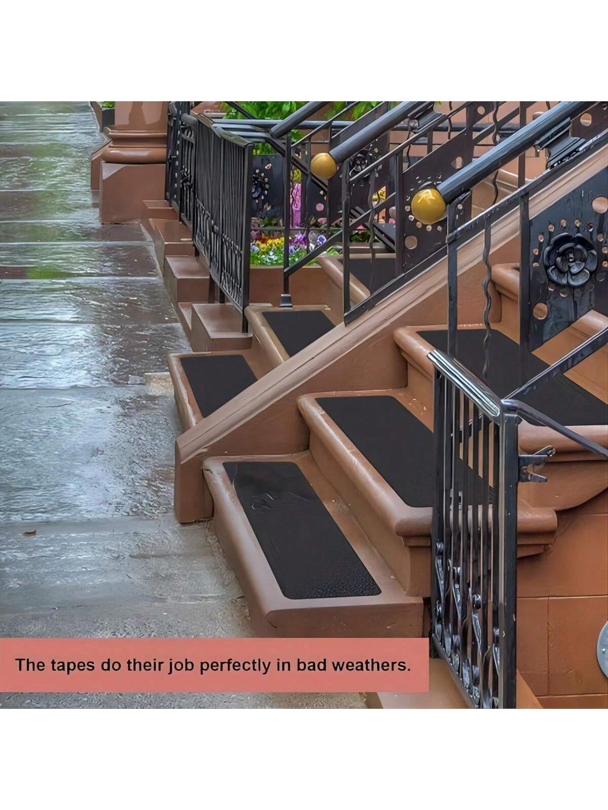 "10pcs Non Slip Outdoor Stair Treads- 4""X24"" Black Pre-Cut 80 Grit Grip Tape- Heavy Duty Traction Adhesive Strips For Staircase, Skateboard, And Deck- Anti Slip And Non Skid"