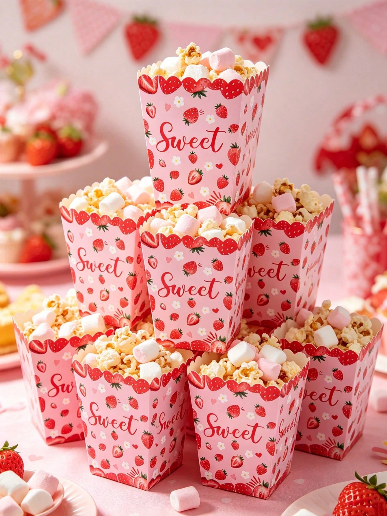 10pcs Strawberry Themed Disposable Paper Popcorn Boxes, Suitable For Strawberry Themed Birthday Party, French Fry Boxes, Bread Boxes, 1st Birthday Party, Baby Shower Party, Gender Reveal Party Decorat