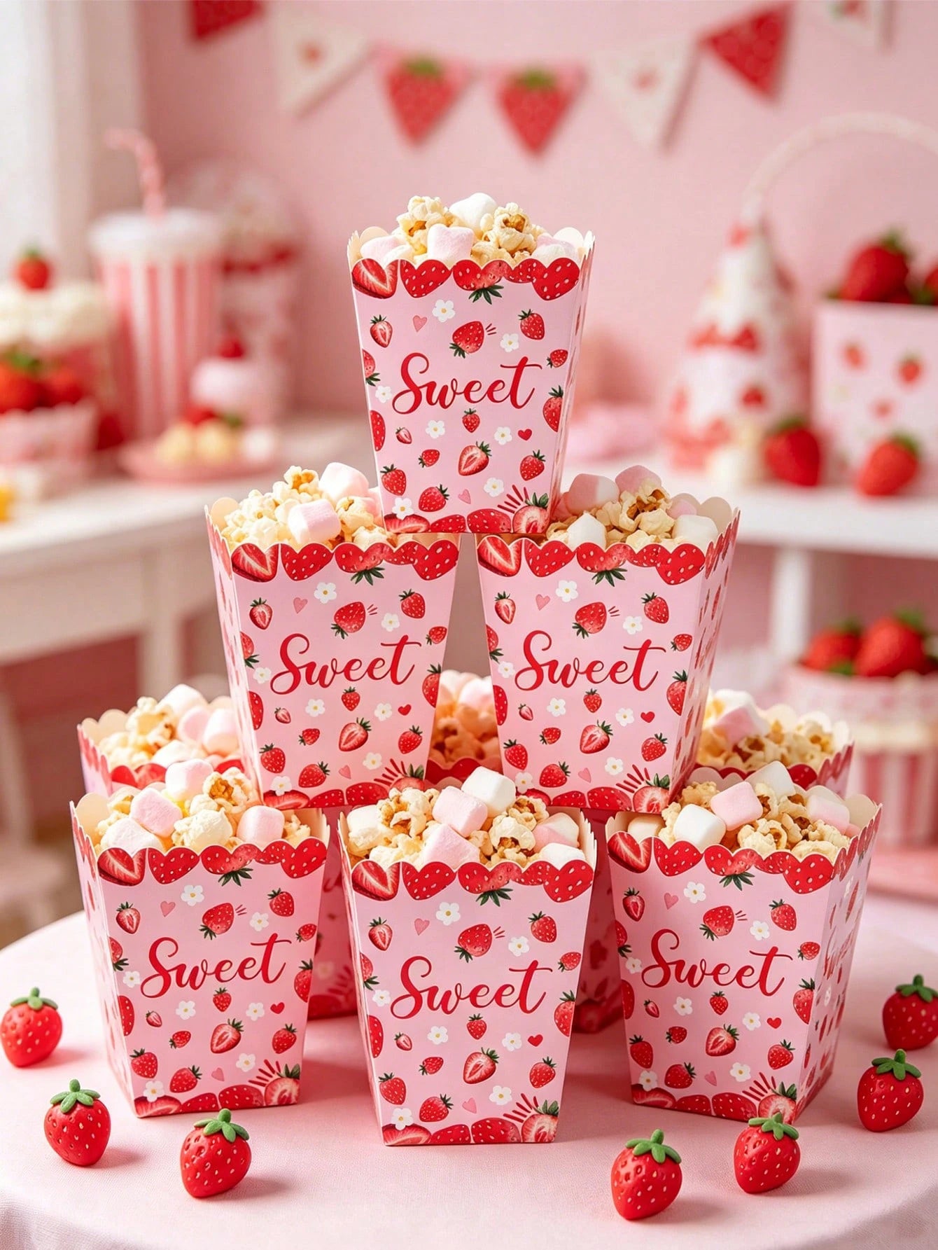 10pcs Strawberry Themed Disposable Paper Popcorn Boxes, Suitable For Strawberry Themed Birthday Party, French Fry Boxes, Bread Boxes, 1st Birthday Party, Baby Shower Party, Gender Reveal Party Decorat