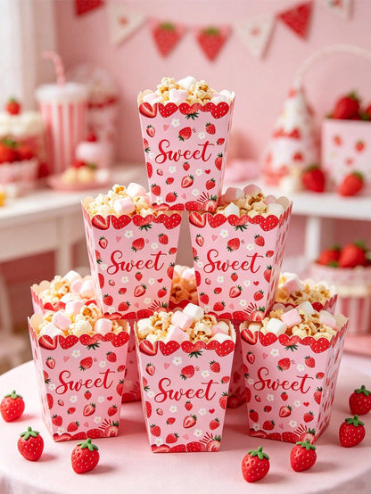 10pcs Strawberry Themed Disposable Paper Popcorn Boxes, Suitable For Strawberry Themed Birthday Party, French Fry Boxes, Bread Boxes, 1st Birthday Party, Baby Shower Party, Gender Reveal Party Decorat
