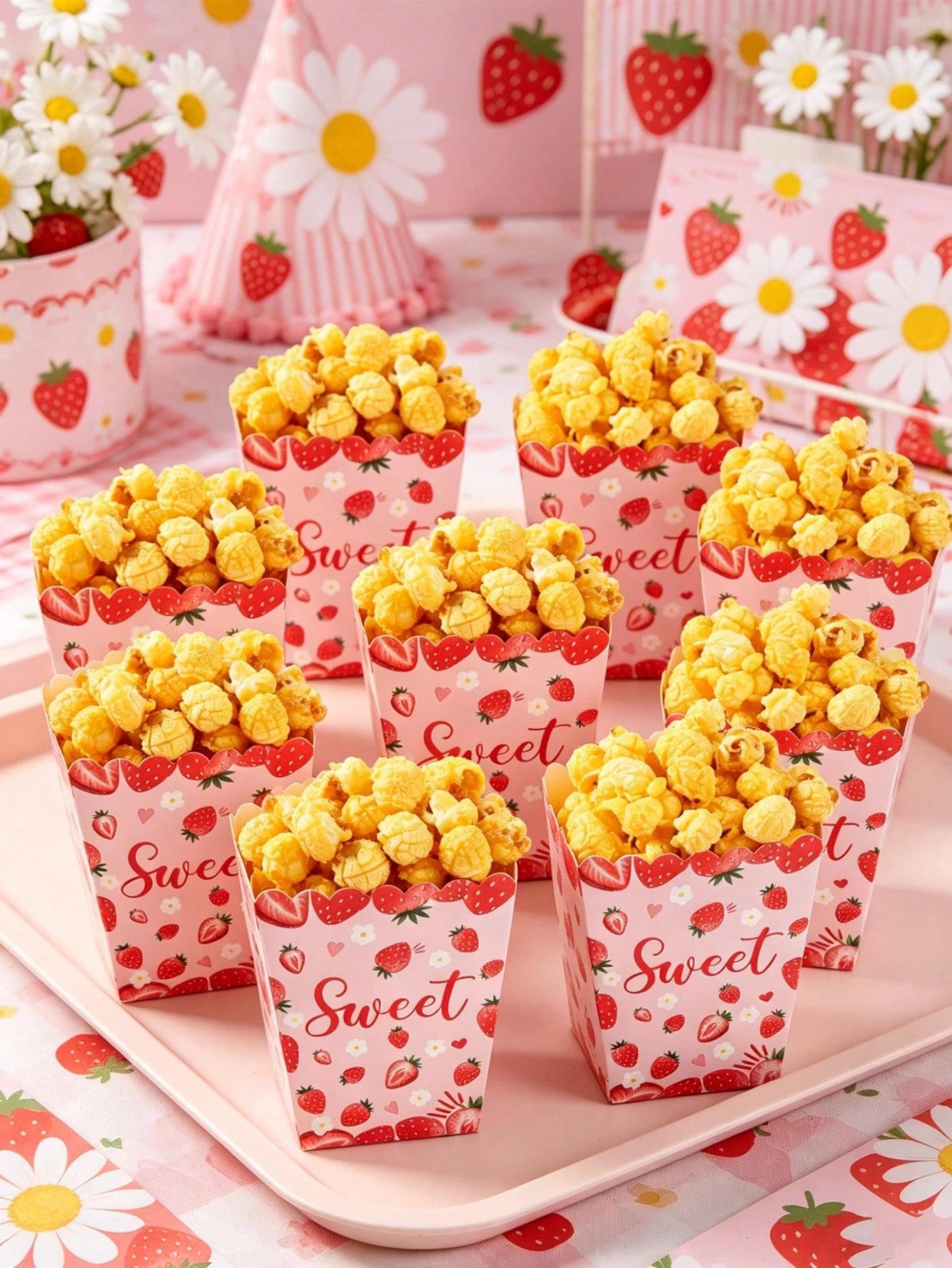 10pcs Strawberry Themed Disposable Paper Popcorn Boxes, Suitable For Strawberry Themed Birthday Party, French Fry Boxes, Bread Boxes, 1st Birthday Party, Baby Shower Party, Gender Reveal Party Decorat
