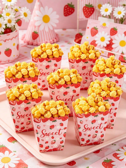 10pcs Strawberry Themed Disposable Paper Popcorn Boxes, Suitable For Strawberry Themed Birthday Party, French Fry Boxes, Bread Boxes, 1st Birthday Party, Baby Shower Party, Gender Reveal Party Decorat