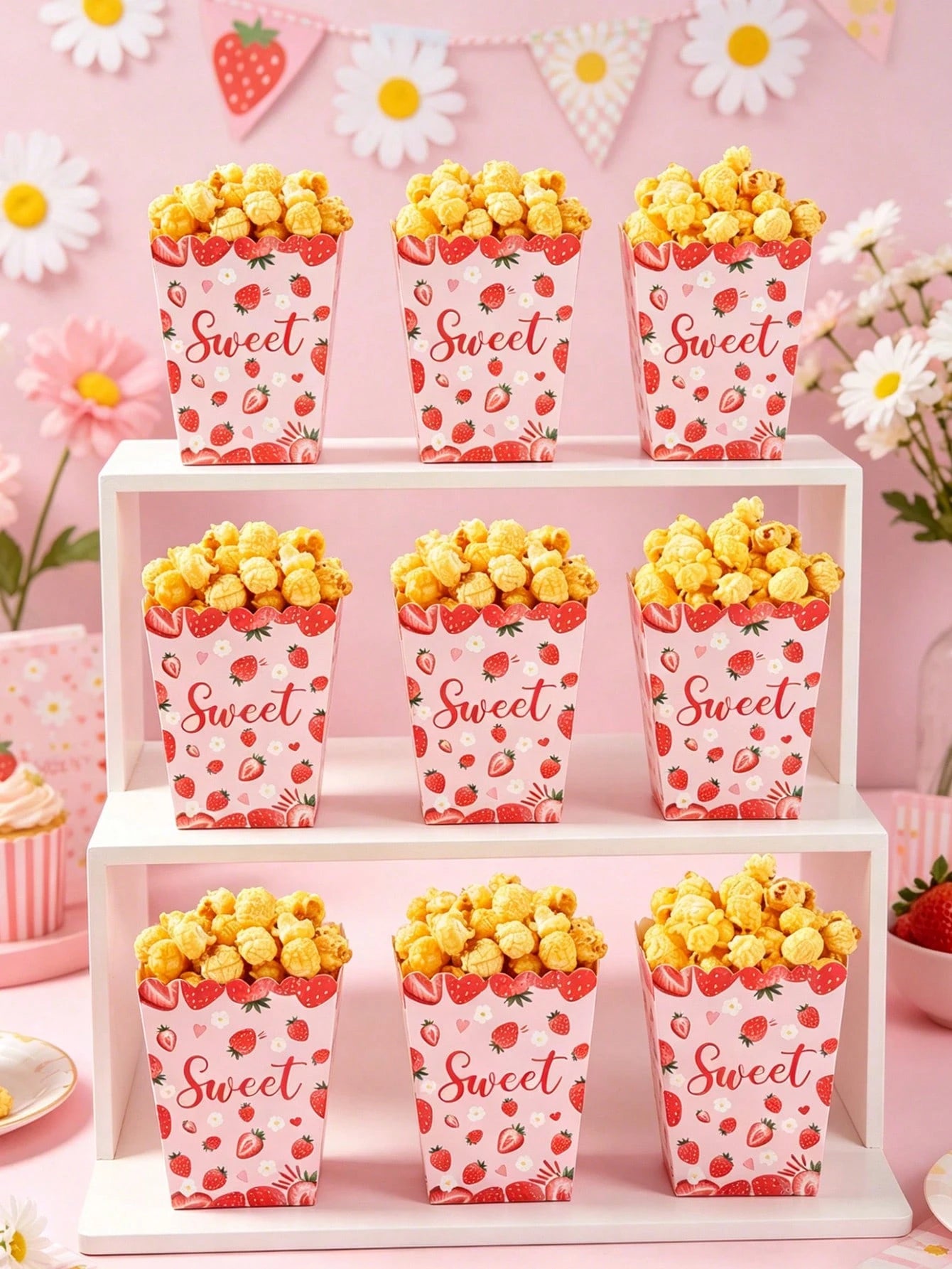 10pcs Strawberry Themed Disposable Paper Popcorn Boxes, Suitable For Strawberry Themed Birthday Party, French Fry Boxes, Bread Boxes, 1st Birthday Party, Baby Shower Party, Gender Reveal Party Decorat