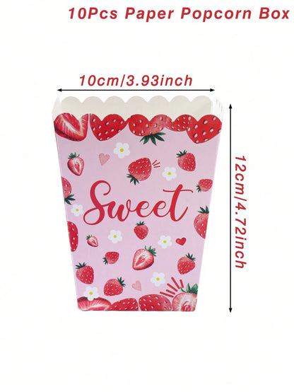 10pcs Strawberry Themed Disposable Paper Popcorn Boxes, Suitable For Strawberry Themed Birthday Party, French Fry Boxes, Bread Boxes, 1st Birthday Party, Baby Shower Party, Gender Reveal Party Decorat