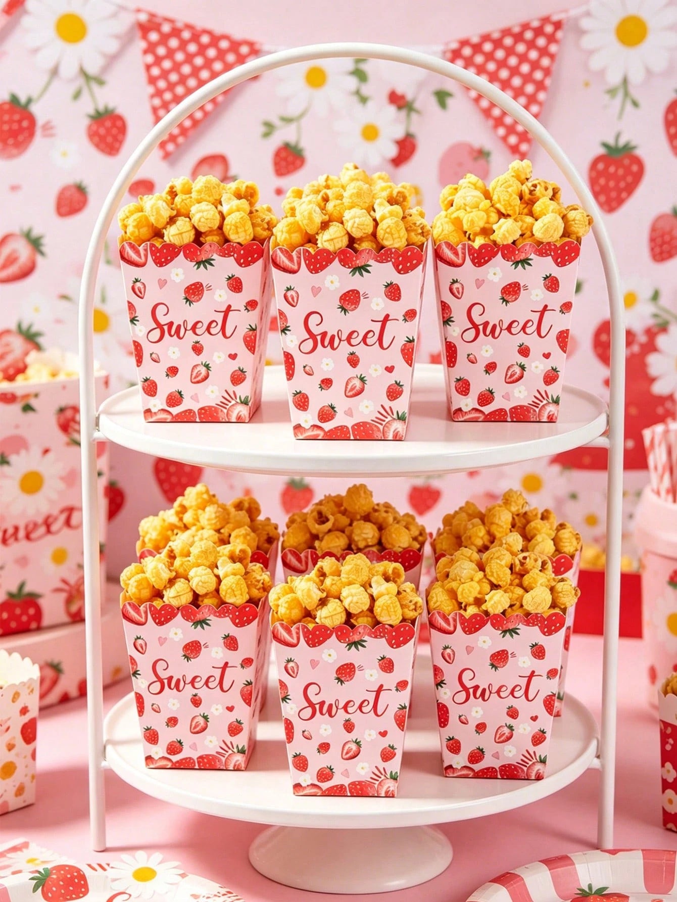 10pcs Strawberry Themed Disposable Paper Popcorn Boxes, Suitable For Strawberry Themed Birthday Party, French Fry Boxes, Bread Boxes, 1st Birthday Party, Baby Shower Party, Gender Reveal Party Decorat