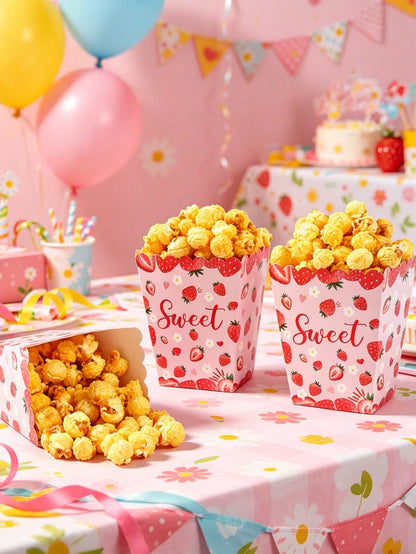 10pcs Strawberry Themed Disposable Paper Popcorn Boxes, Suitable For Strawberry Themed Birthday Party, French Fry Boxes, Bread Boxes, 1st Birthday Party, Baby Shower Party, Gender Reveal Party Decorat