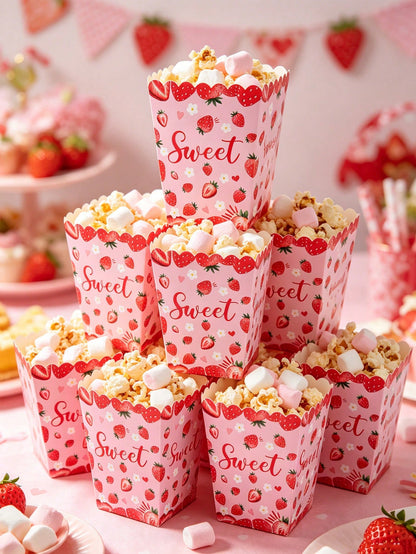 10pcs Strawberry Themed Disposable Paper Popcorn Boxes, Suitable For Strawberry Themed Birthday Party, French Fry Boxes, Bread Boxes, 1st Birthday Party, Baby Shower Party, Gender Reveal Party Decorat