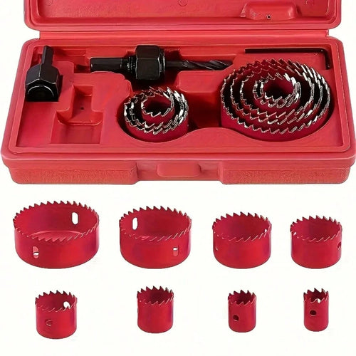 11-Piece Hole Saw Set With 8 Carbon Steel Blades (19mm-64mm)- Woodworking Hole Cutting Tools With Hex Wrench, Suitable For Softwood, PVC, And Plastic- Black And Red