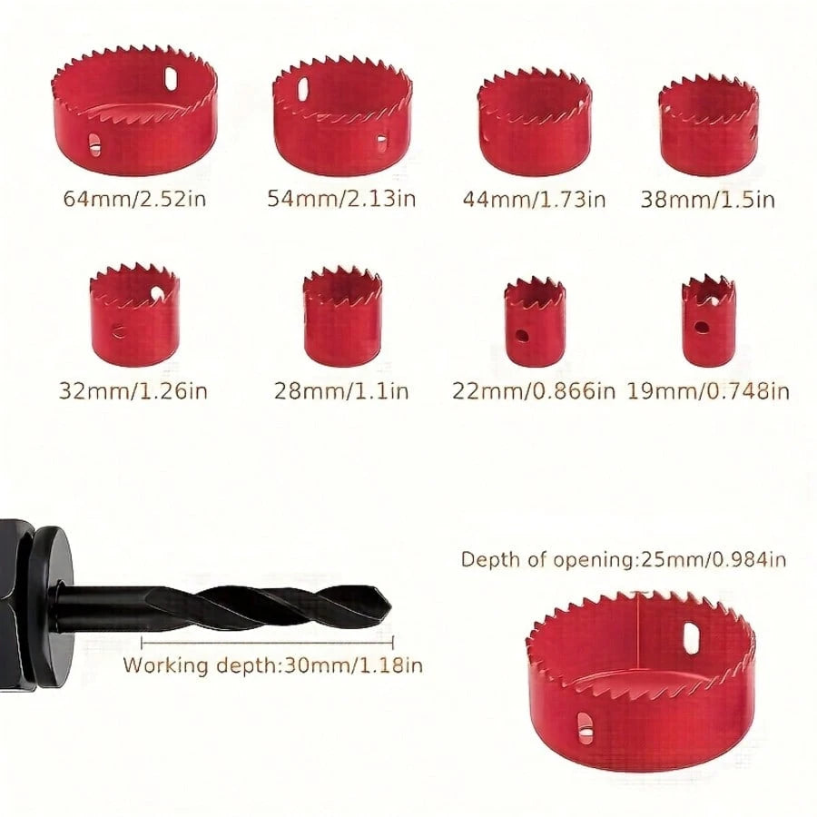11-Piece Hole Saw Set With 8 Carbon Steel Blades (19mm-64mm)- Woodworking Hole Cutting Tools With Hex Wrench, Suitable For Softwood, PVC, And Plastic- Black And Red