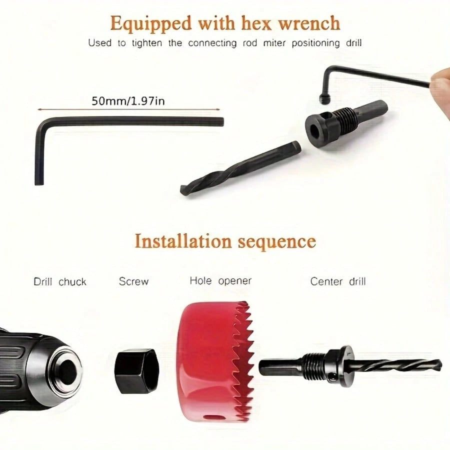 11-Piece Hole Saw Set With 8 Carbon Steel Blades (19mm-64mm)- Woodworking Hole Cutting Tools With Hex Wrench, Suitable For Softwood, PVC, And Plastic- Black And Red