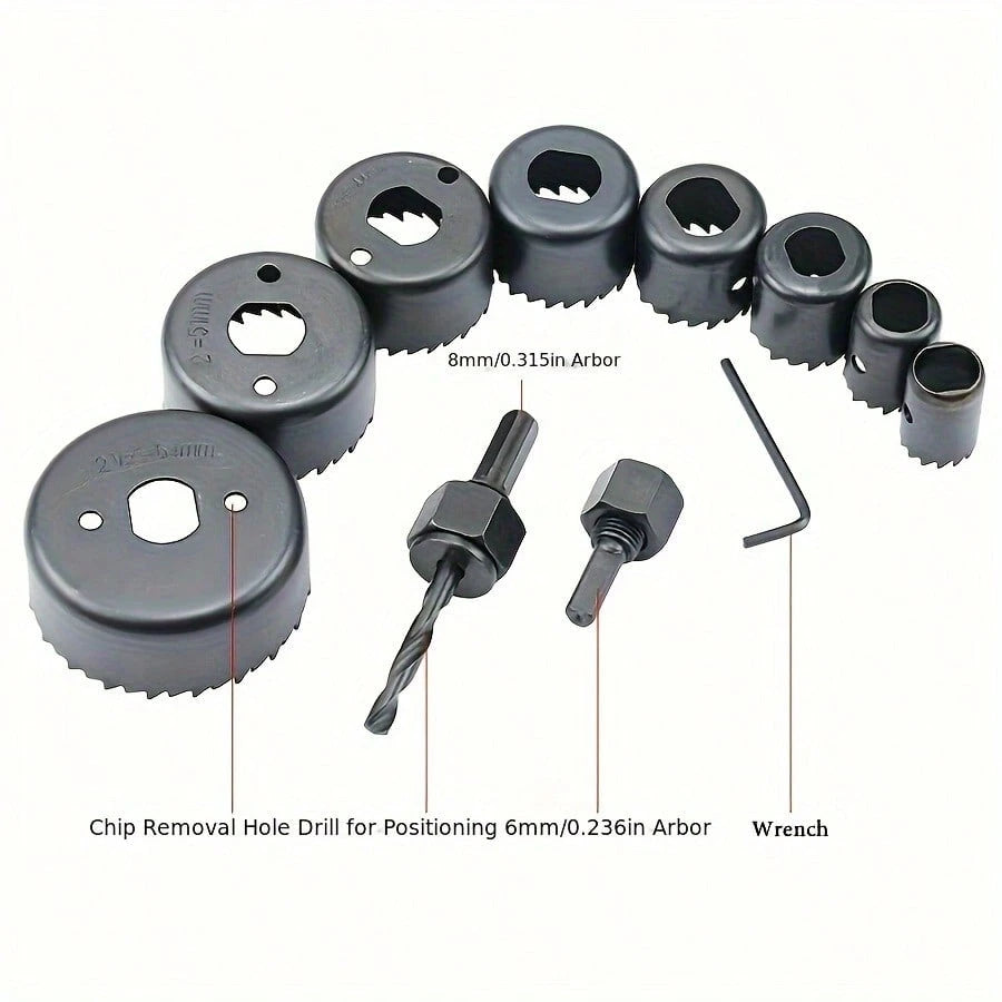 11-Piece Hole Saw Set With 8 Carbon Steel Blades (19mm-64mm)- Woodworking Hole Cutting Tools With Hex Wrench, Suitable For Softwood, PVC, And Plastic- Black And Red
