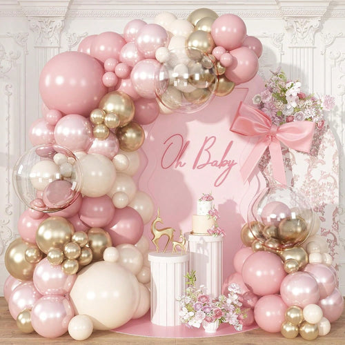 113pcs Pink Balloon Garland Arch Kit, Pearl Pink White And Gold Balloon Large Clear Balloons For Birthday Babyshower Bridal Shower Wedding Party Decorations