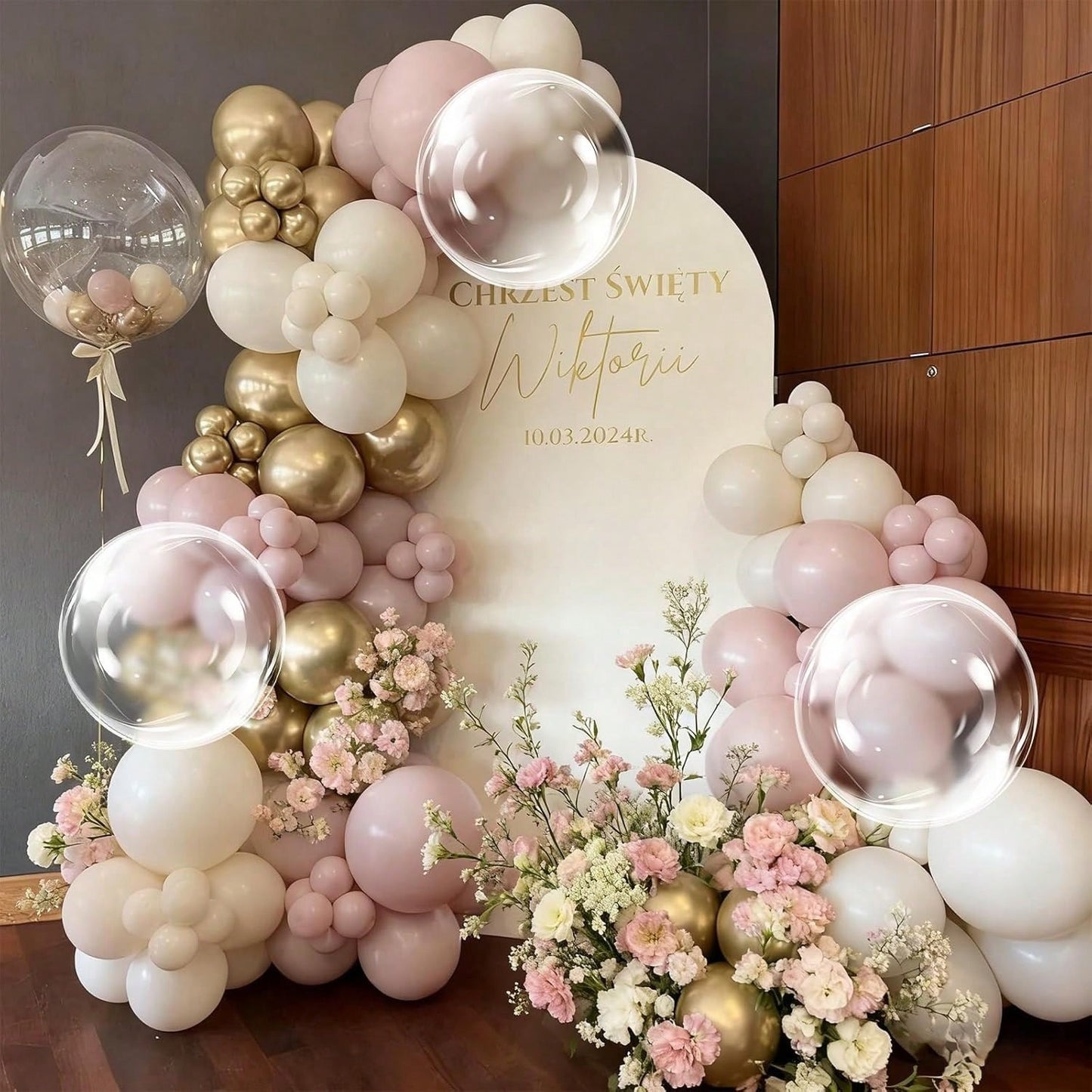 113pcs Pink Balloon Garland Arch Kit, Pearl Pink White And Gold Balloon Large Clear Balloons For Birthday Babyshower Bridal Shower Wedding Party Decorations