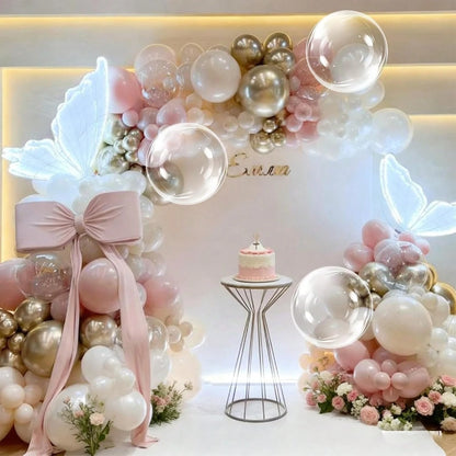 113pcs Pink Balloon Garland Arch Kit, Pearl Pink White And Gold Balloon Large Clear Balloons For Birthday Babyshower Bridal Shower Wedding Party Decorations