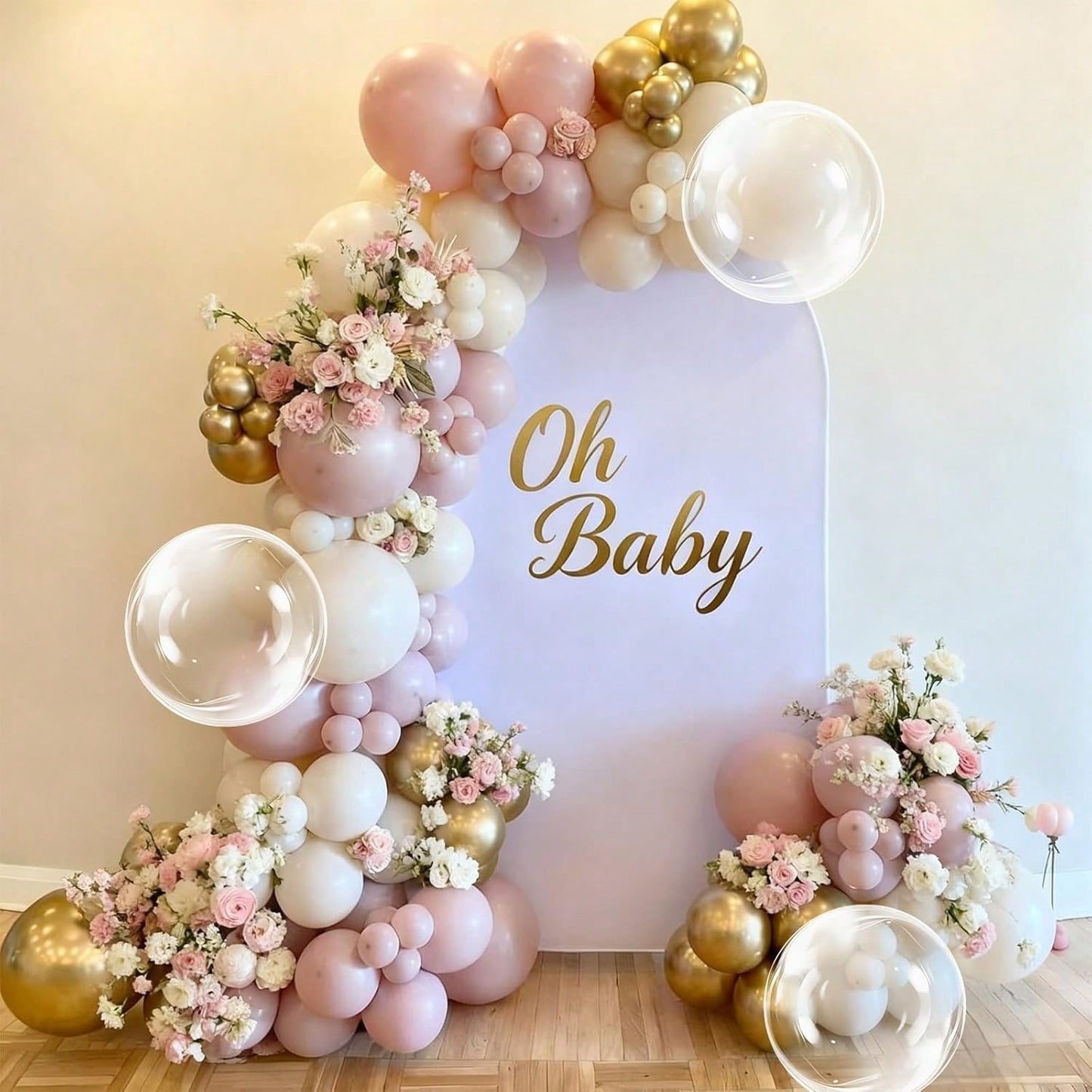 113pcs Pink Balloon Garland Arch Kit, Pearl Pink White And Gold Balloon Large Clear Balloons For Birthday Babyshower Bridal Shower Wedding Party Decorations