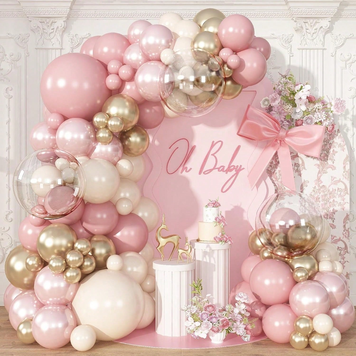 113pcs Pink Balloon Garland Arch Kit, Pearl Pink White And Gold Balloon Large Clear Balloons For Birthday Babyshower Bridal Shower Wedding Party Decorations