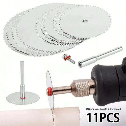 11pcs High Speed Steel Circular Saw Blade Set, Mini Wood Cutting Circular Discs, 10pcs Blades + 1 Shaft