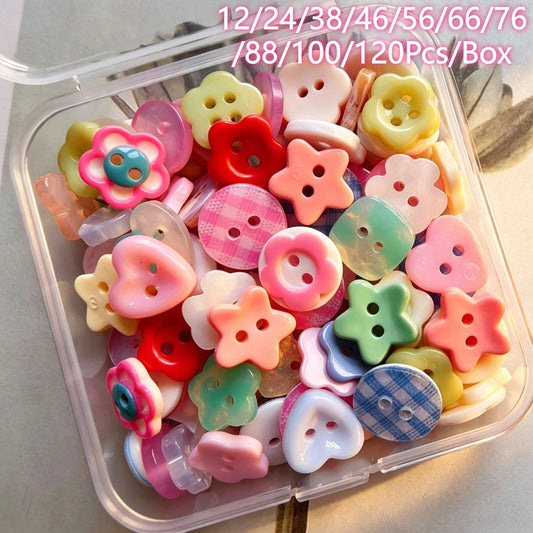 12/24/38/46/56/66/76/88/100/120Pcs/Box Assorted Shapes Heart Flower Star Butterfly Mixed Resin Buttons- Mixed Colors Mixed Styles- Clothing DIY Handmade Sew-On Decorative Buttons