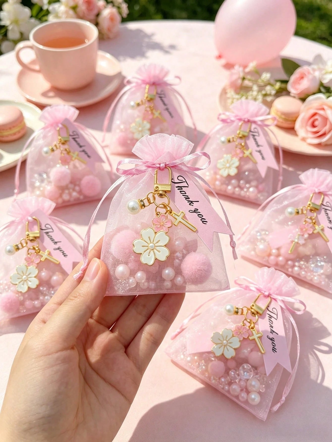 12/6/1 Set- Cherry Blossom Cross Keychain Baby Shower Favors With Pink Organza Bags And Thank You Cards, DIY Fillable Gift Bags, Suitable For Baby Shower, Gender Reveal Party, Baby Shower Supplies 20