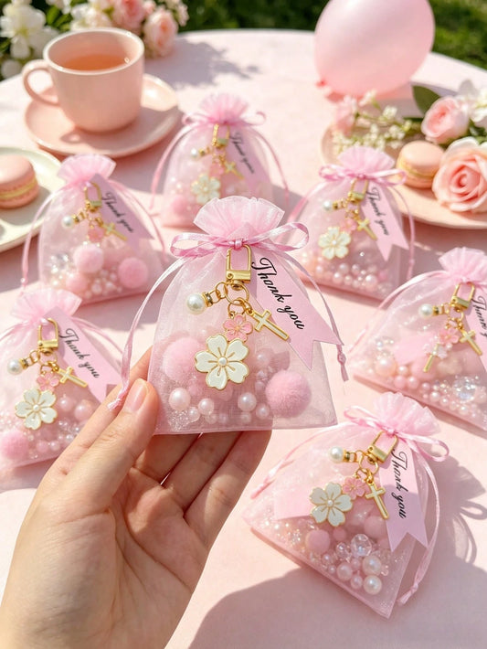 12/6/1 Set- Cherry Blossom Cross Keychain Baby Shower Favors With Pink Organza Bags And Thank You Cards, DIY Fillable Gift Bags, Suitable For Baby Shower, Gender Reveal Party, Baby Shower Supplies 20