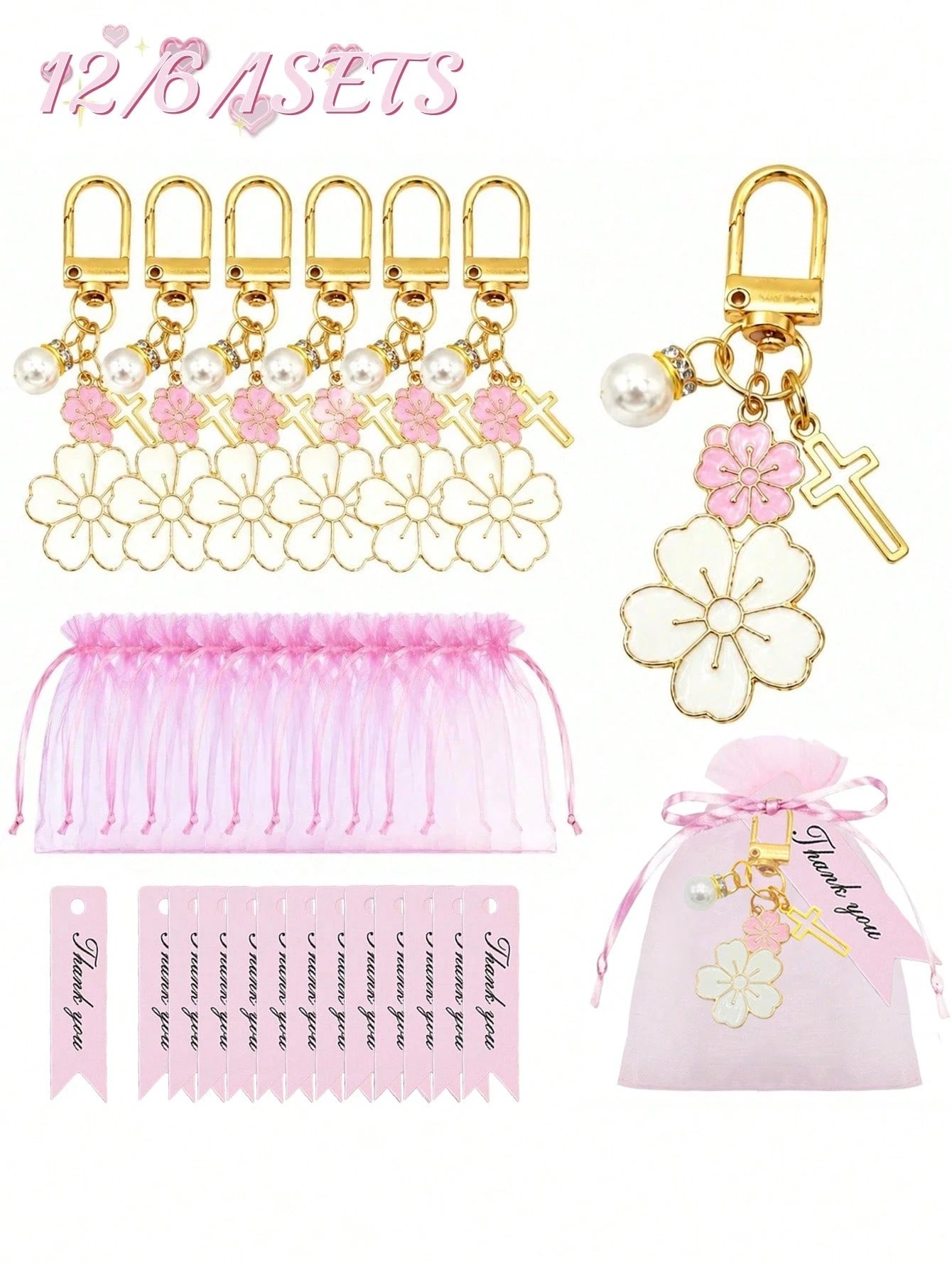 12/6/1 Set- Cherry Blossom Cross Keychain Baby Shower Favors With Pink Organza Bags And Thank You Cards, DIY Fillable Gift Bags, Suitable For Baby Shower, Gender Reveal Party, Baby Shower Supplies 20