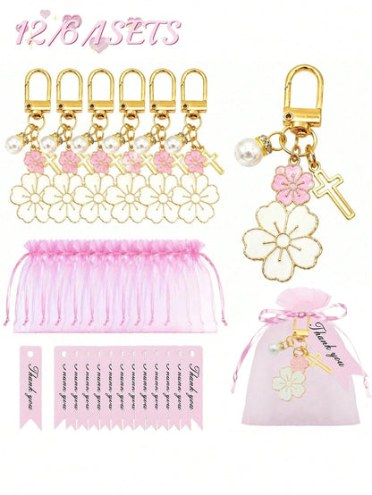12/6/1 Set- Cherry Blossom Cross Keychain Baby Shower Favors With Pink Organza Bags And Thank You Cards, DIY Fillable Gift Bags, Suitable For Baby Shower, Gender Reveal Party, Baby Shower Supplies 20