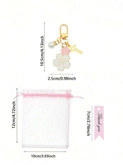 12/6/1 Set- Cherry Blossom Cross Keychain Baby Shower Favors With Pink Organza Bags And Thank You Cards, DIY Fillable Gift Bags, Suitable For Baby Shower, Gender Reveal Party, Baby Shower Supplies 20