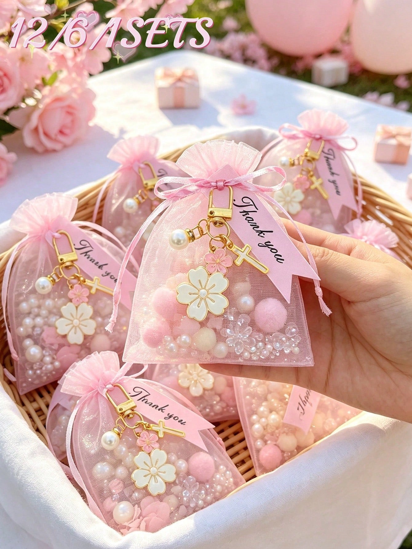 12/6/1 Set- Cherry Blossom Cross Keychain Baby Shower Favors With Pink Organza Bags And Thank You Cards, DIY Fillable Gift Bags, Suitable For Baby Shower, Gender Reveal Party, Baby Shower Supplies 20