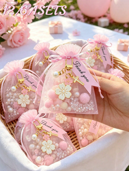 12/6/1 Set- Cherry Blossom Cross Keychain Baby Shower Favors With Pink Organza Bags And Thank You Cards, DIY Fillable Gift Bags, Suitable For Baby Shower, Gender Reveal Party, Baby Shower Supplies 20