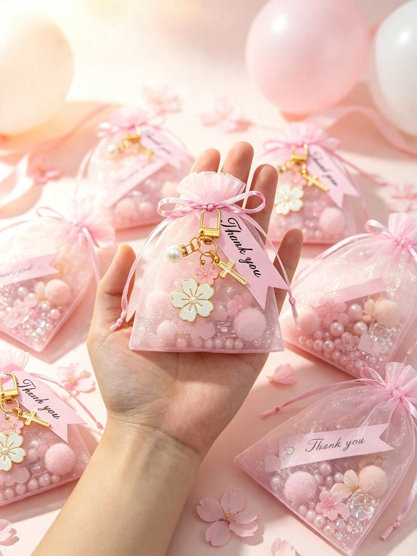 12/6/1 Set- Cherry Blossom Cross Keychain Baby Shower Favors With Pink Organza Bags And Thank You Cards, DIY Fillable Gift Bags, Suitable For Baby Shower, Gender Reveal Party, Baby Shower Supplies 20