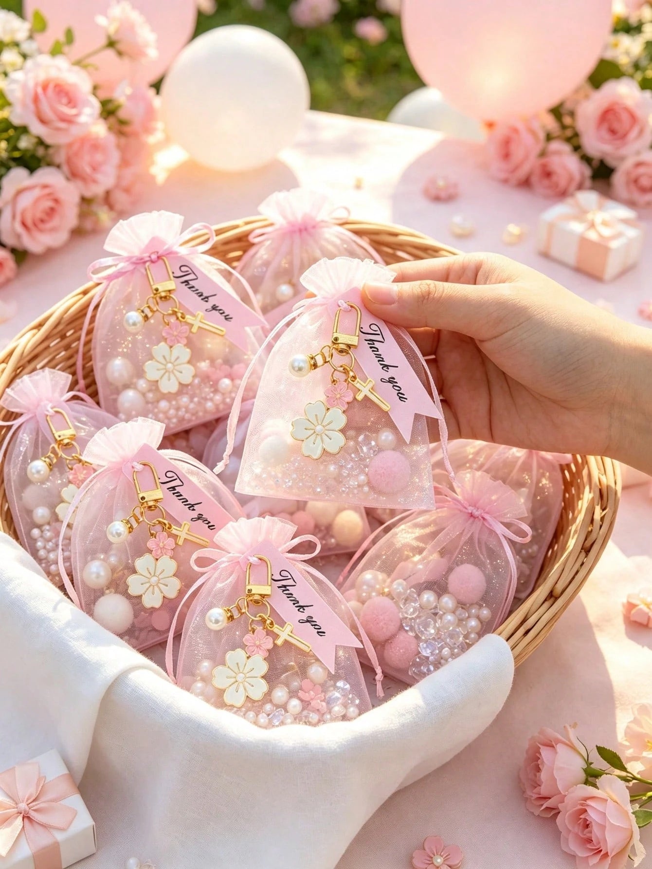 12/6/1 Set- Cherry Blossom Cross Keychain Baby Shower Favors With Pink Organza Bags And Thank You Cards, DIY Fillable Gift Bags, Suitable For Baby Shower, Gender Reveal Party, Baby Shower Supplies 20
