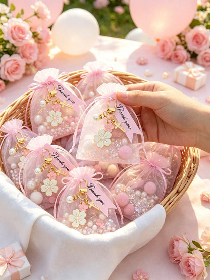 12/6/1 Set- Cherry Blossom Cross Keychain Baby Shower Favors With Pink Organza Bags And Thank You Cards, DIY Fillable Gift Bags, Suitable For Baby Shower, Gender Reveal Party, Baby Shower Supplies 20