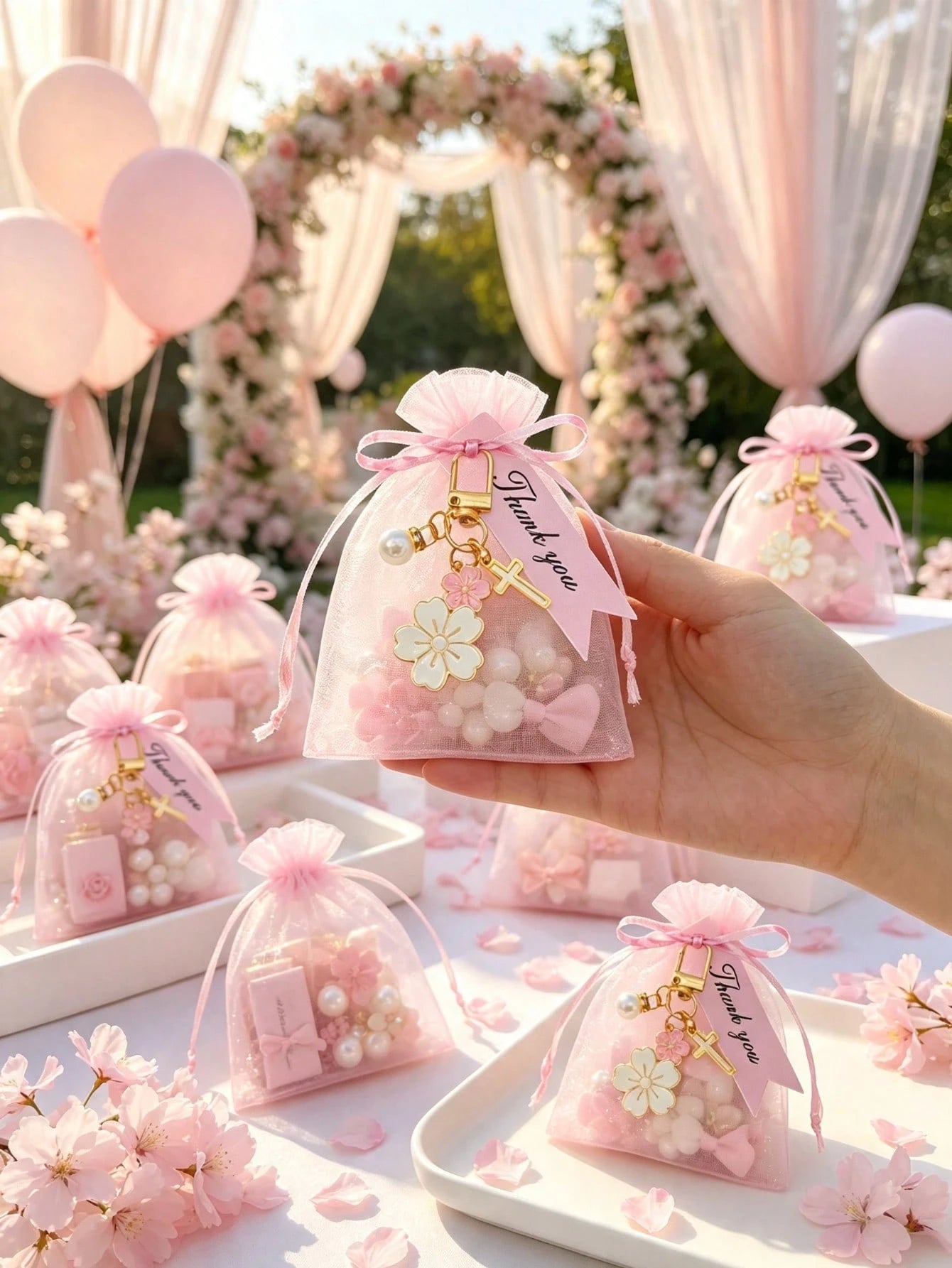 12/6/1 Set- Cherry Blossom Cross Keychain Baby Shower Favors With Pink Organza Bags And Thank You Cards, DIY Fillable Gift Bags, Suitable For Baby Shower, Gender Reveal Party, Baby Shower Supplies 20
