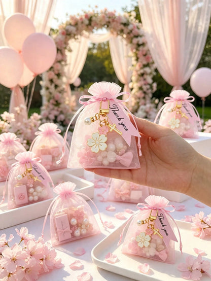 12/6/1 Set- Cherry Blossom Cross Keychain Baby Shower Favors With Pink Organza Bags And Thank You Cards, DIY Fillable Gift Bags, Suitable For Baby Shower, Gender Reveal Party, Baby Shower Supplies 20