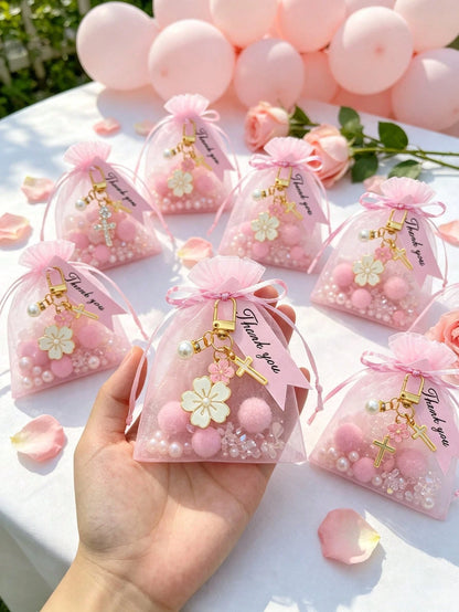 12/6/1 Set- Cherry Blossom Cross Keychain Baby Shower Favors With Pink Organza Bags And Thank You Cards, DIY Fillable Gift Bags, Suitable For Baby Shower, Gender Reveal Party, Baby Shower Supplies 20