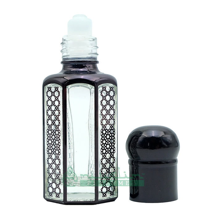 12 ml Black Glass Perfume Bottle - Arabesque Geometric Design Essential Oil Attar Roll-On