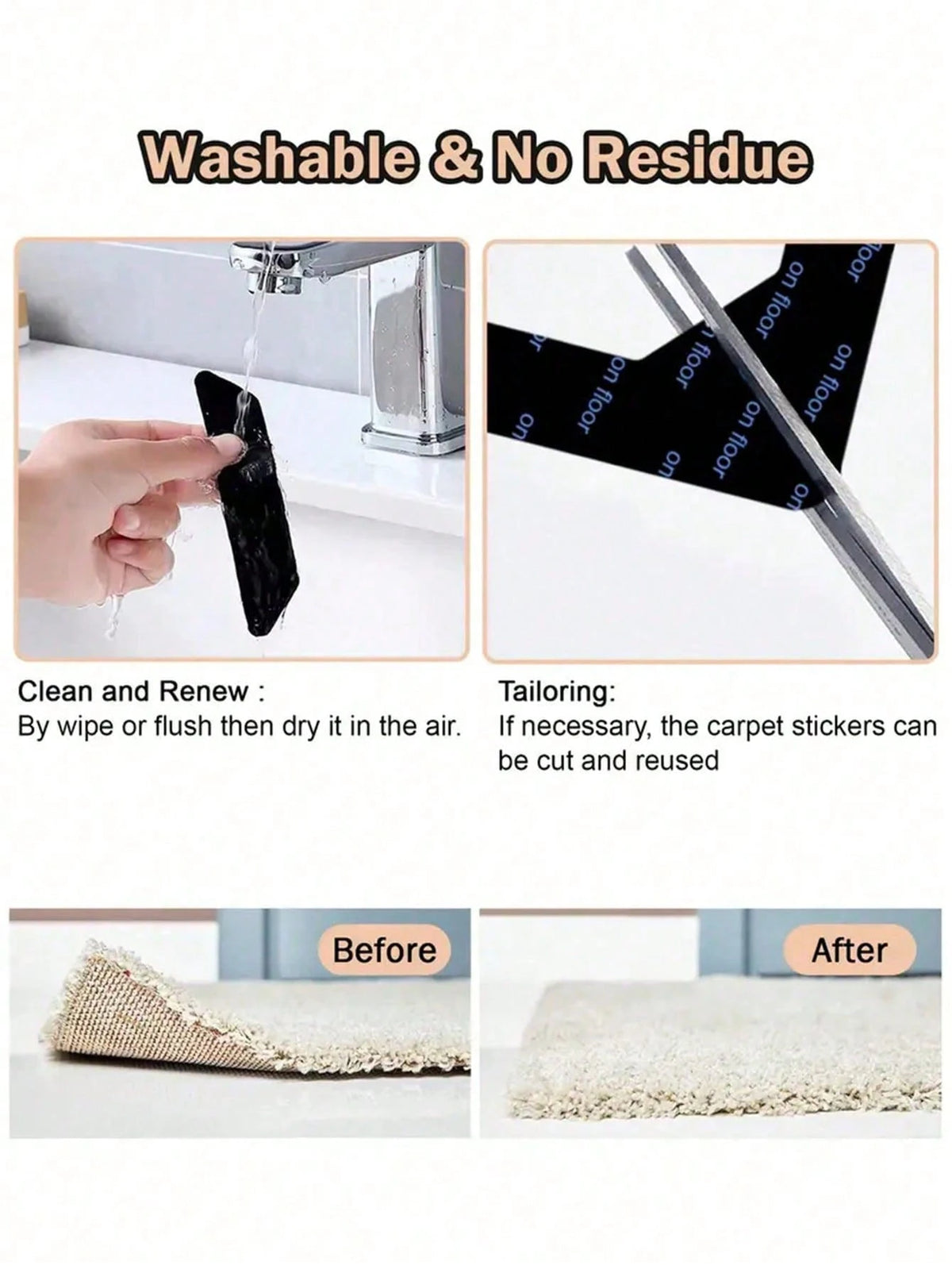 12 Pieces Of Carpet Tape, PU Washable Anti Slip And Reusable Carpet Anti Slip Pad