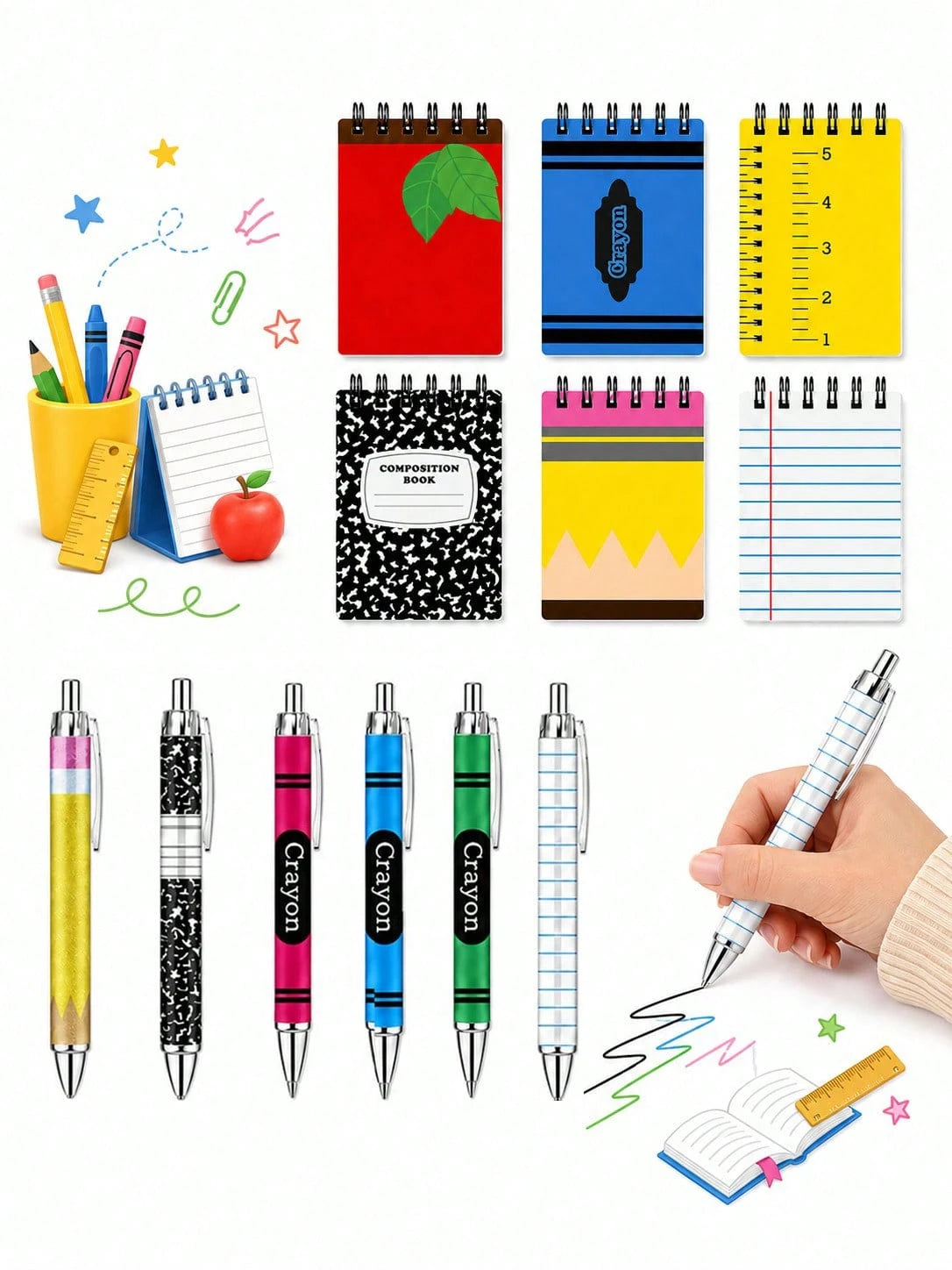 12pcs-Back To School Memo Pad & Ballpoint Pen Set Gift, Apple Pencil & Crayon Design, Welcome Back To School, Spiral Memo Pad, Pocket Diary, Back To School Pattern, First Day Of School Teacher Reward