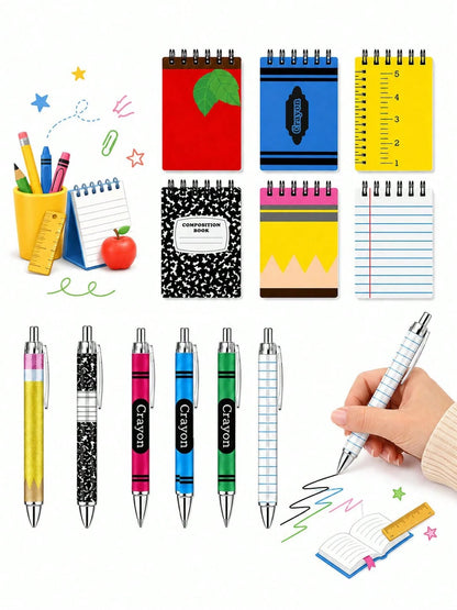 12pcs-Back To School Memo Pad & Ballpoint Pen Set Gift, Apple Pencil & Crayon Design, Welcome Back To School, Spiral Memo Pad, Pocket Diary, Back To School Pattern, First Day Of School Teacher Reward